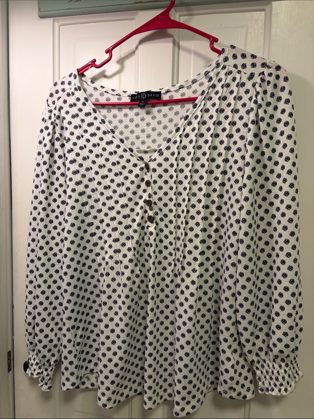 Talbots White Blouse with Navy Dot Print